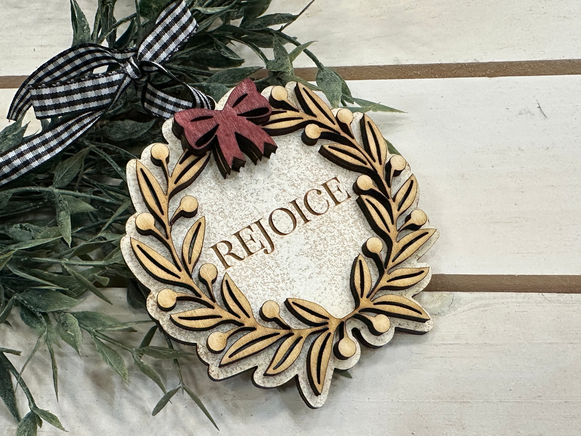 Handmade Rejoice Wreath Ornament