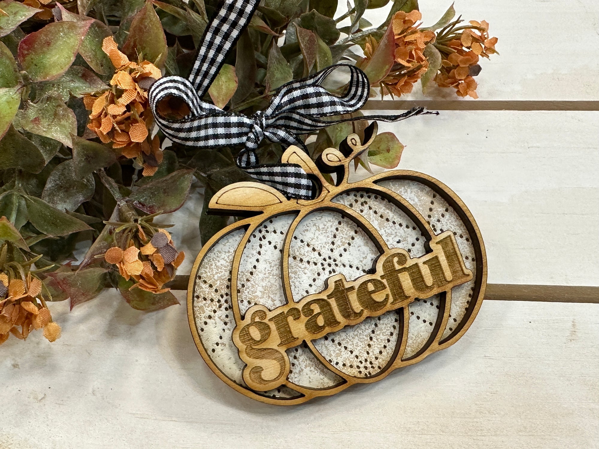 Handmade Grateful Pumpkin Ornament - White