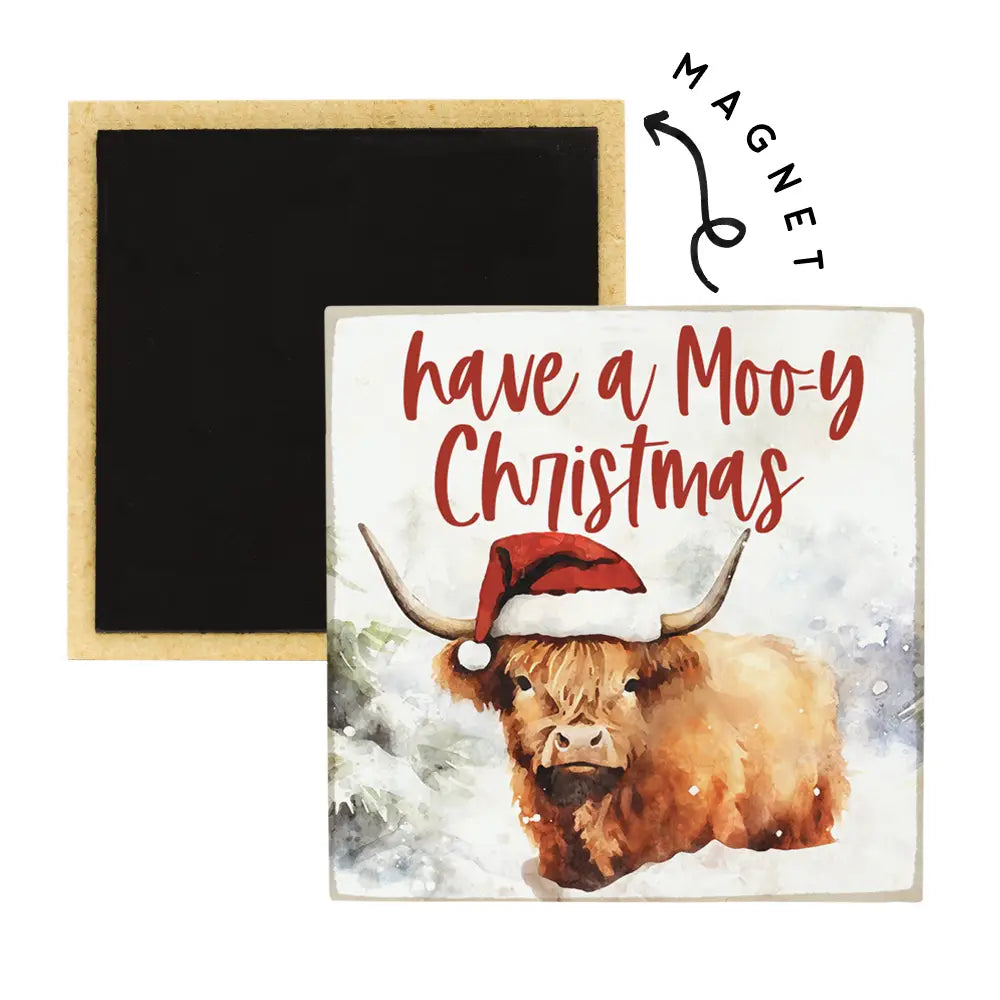 Moo-y Christmas Highland Cow Square Magnet