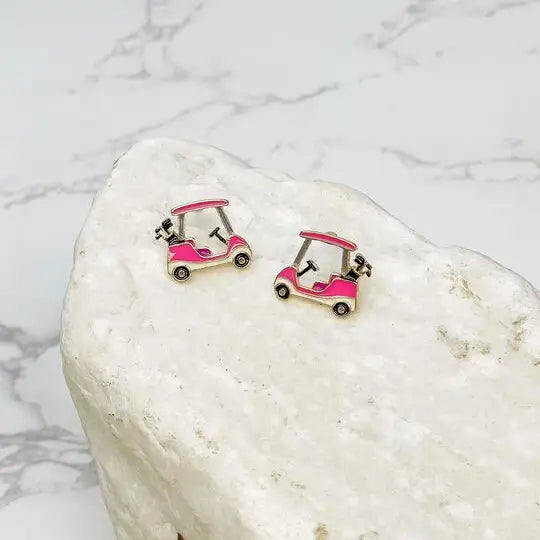 Pink Golf Cart Stud Earrings