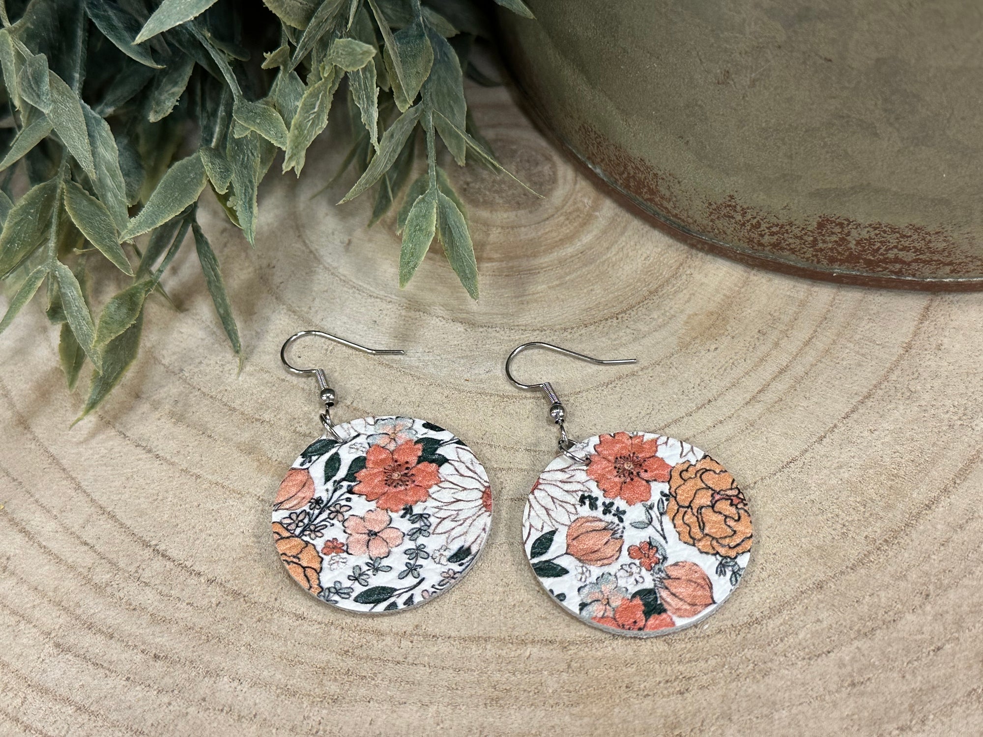 Boho Floral Circle Leather Earrings