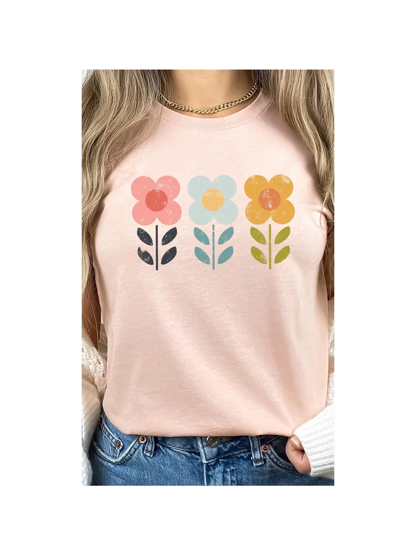 Multicolor Daisies Graphic Tee - Heather Peach