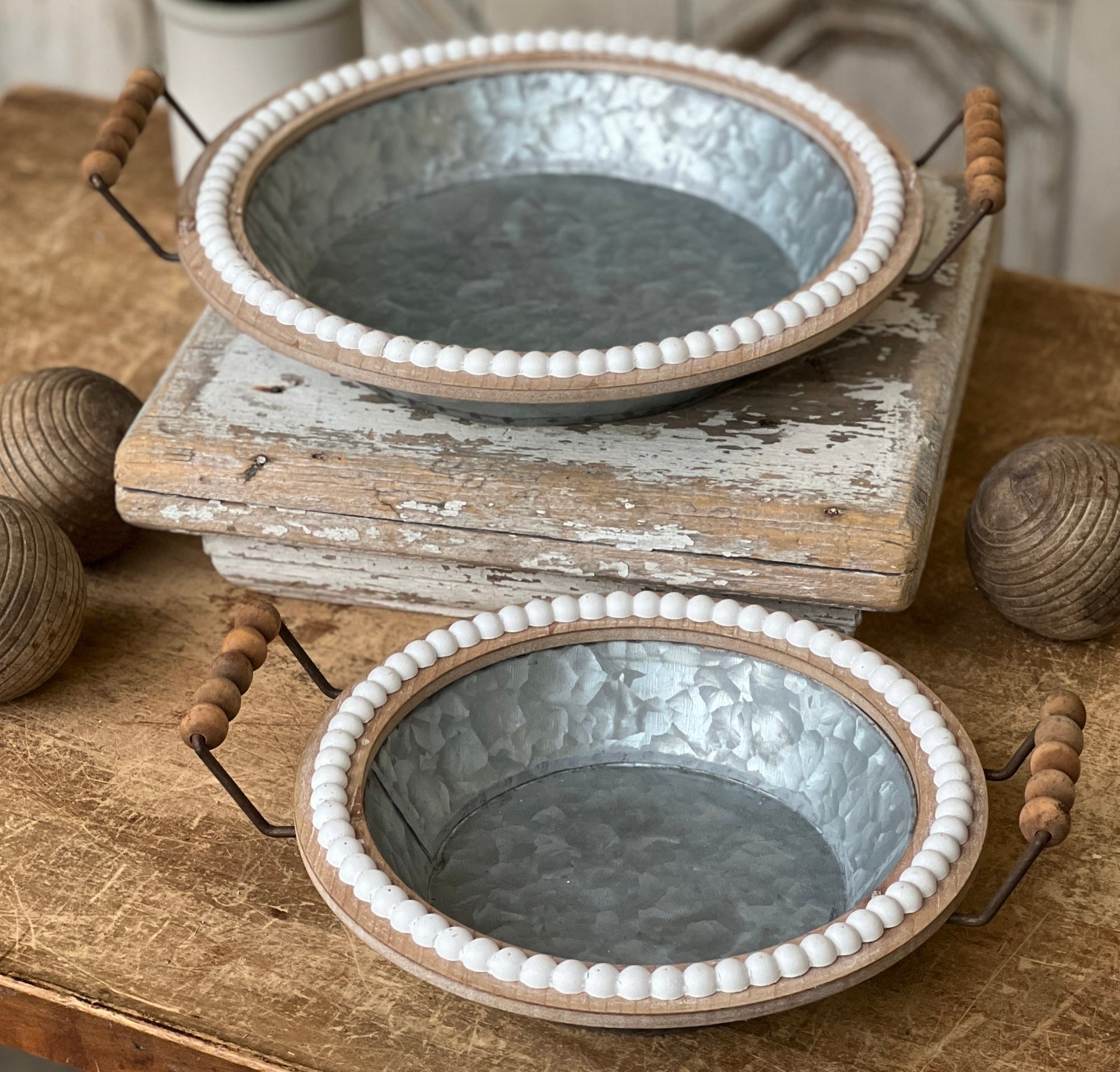 Beaded Round Galvanized Trays - 2 Sizes