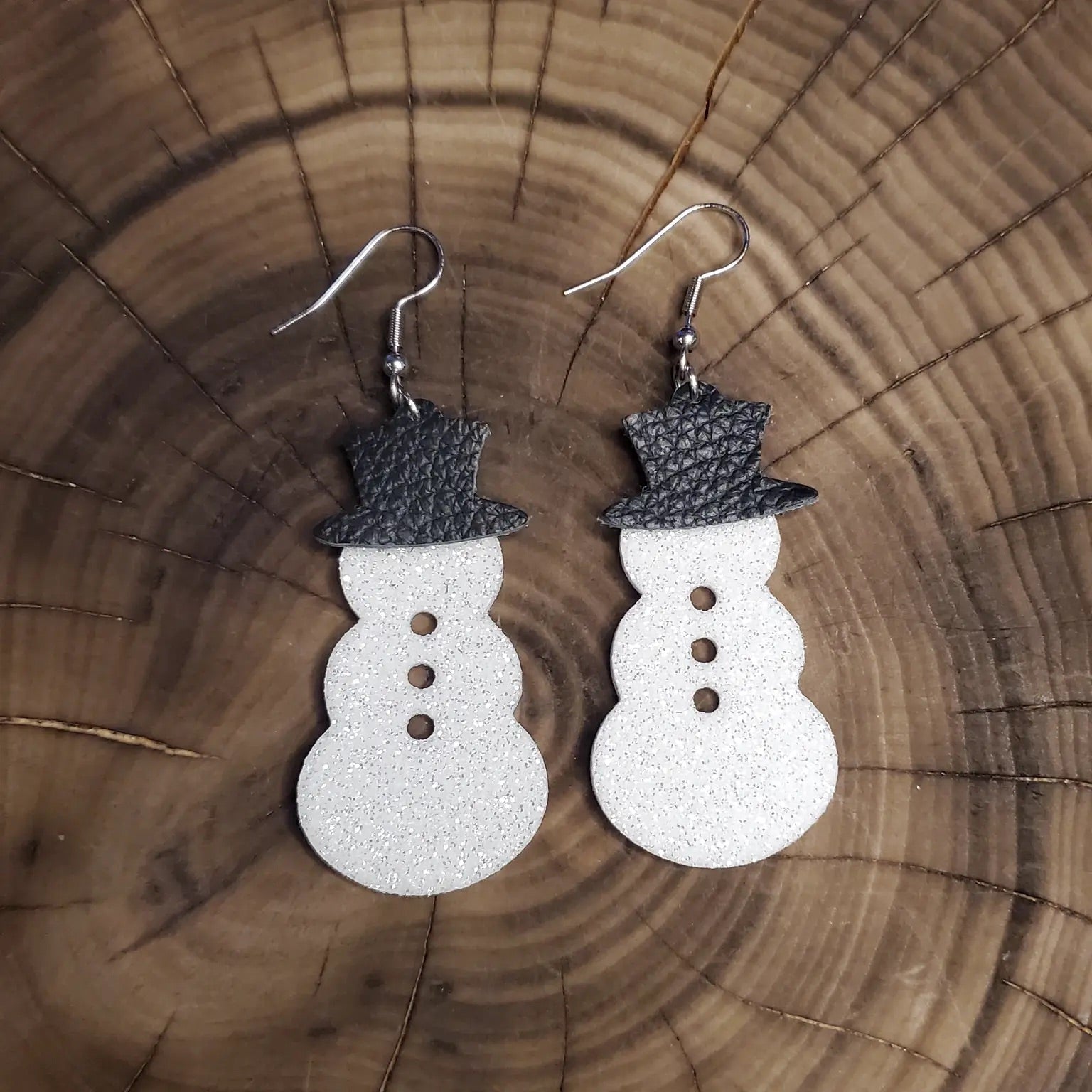 White Glitter Snowman Leather Earrings