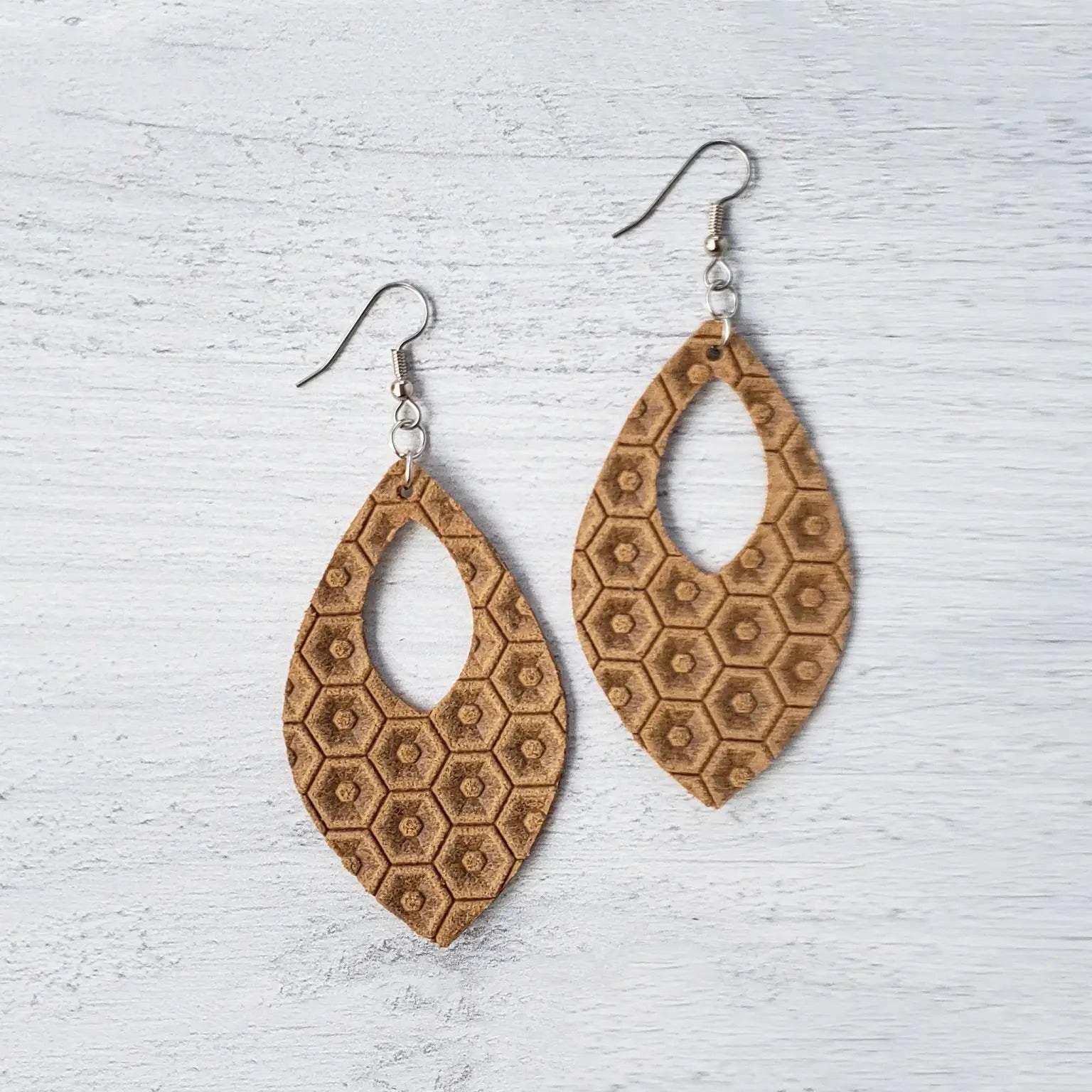 Brown Latte Honeycomb Open Teardrop Leather Earrings