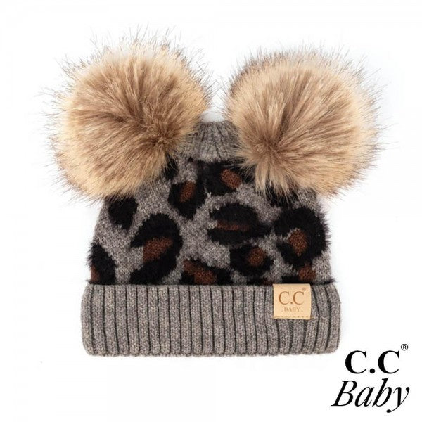 C.C Baby Leopard Double Pom Beanie - Melange Gray