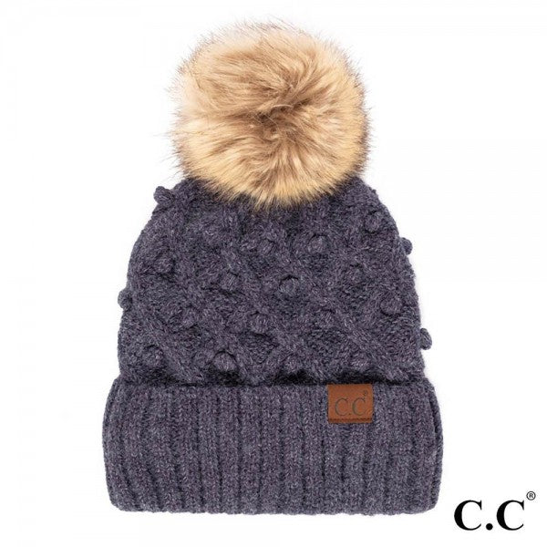 C.C Beanie with Pom & Handmade Bobbles - Dark Denim Mix