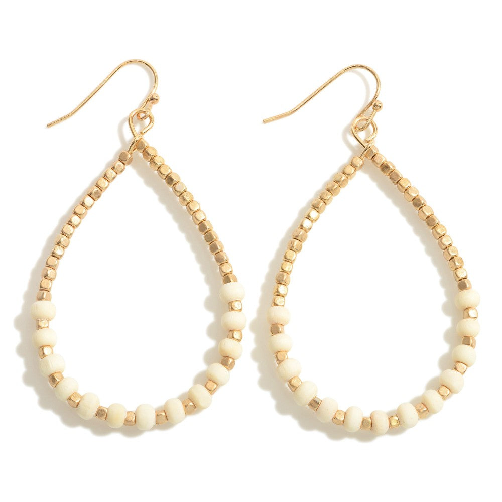 Gold Tone Wood Bead Drop Earrings - Ivory