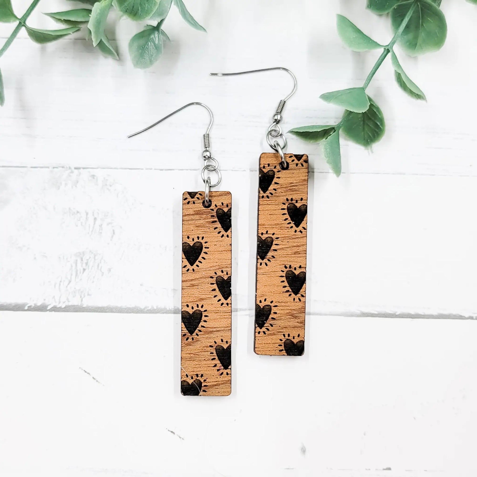 Brilliant Hearts Wooden Bar Earrings