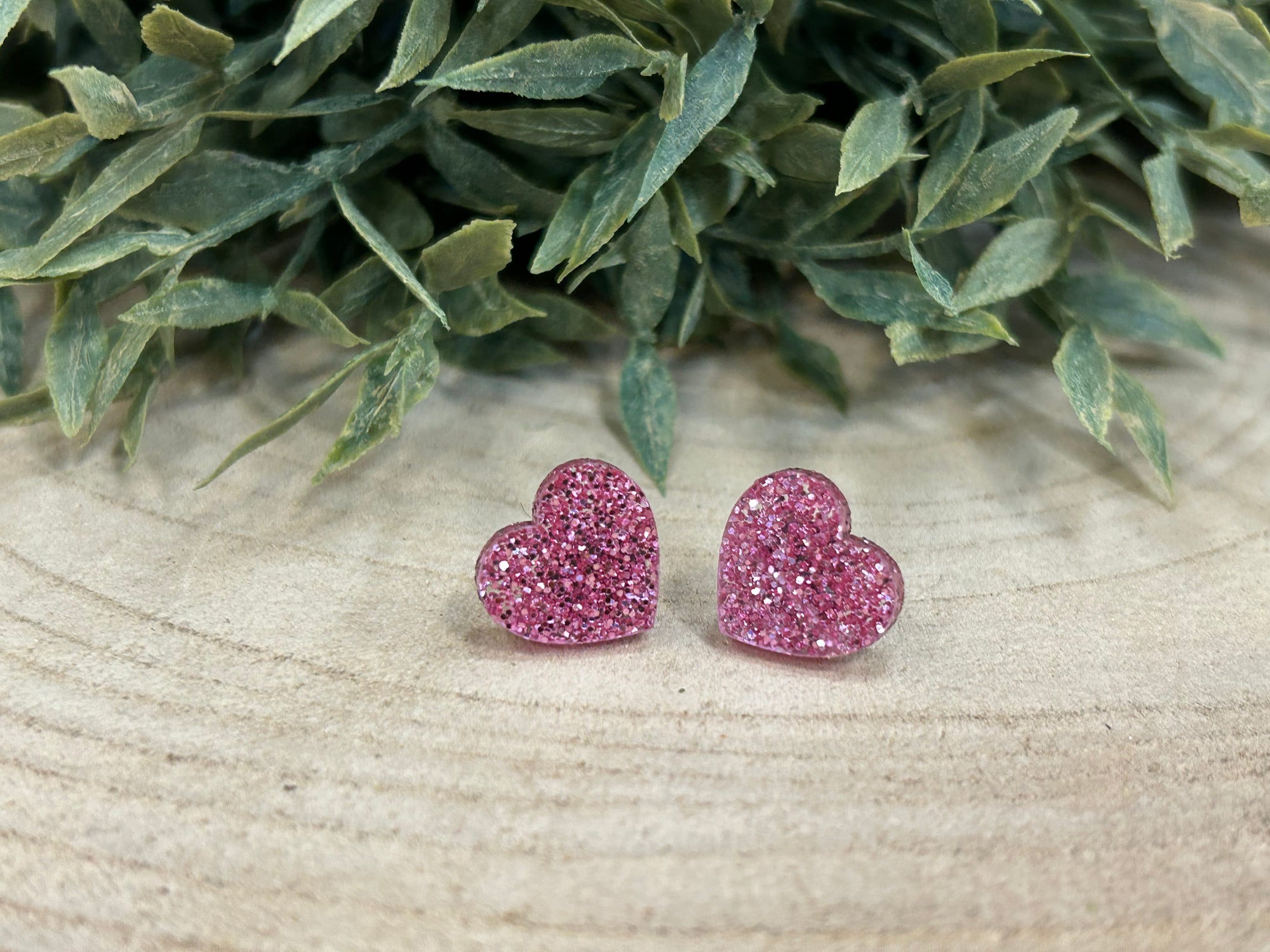 Pink Glitter Heart Stud Earrings