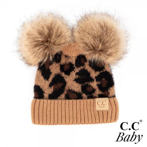 C.C Baby Leopard Double Pom Beanie - Latte